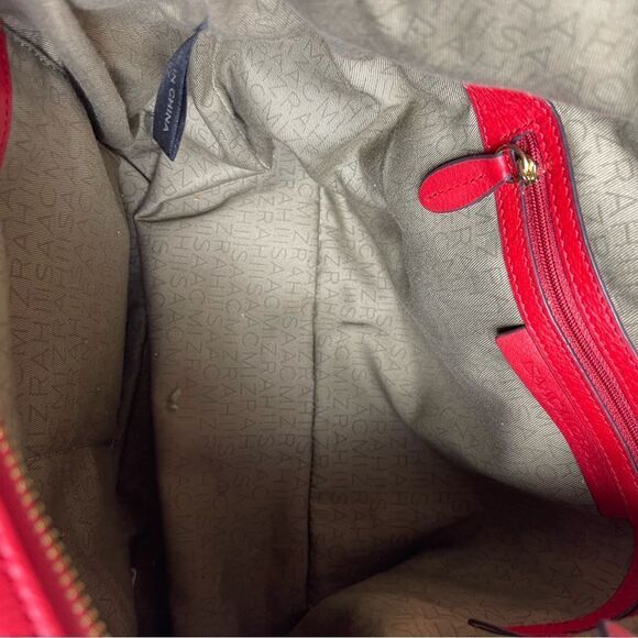 Isaac Mizrahi leather blood orange red shoulder bag with brown trims. - Picture 9 of 13